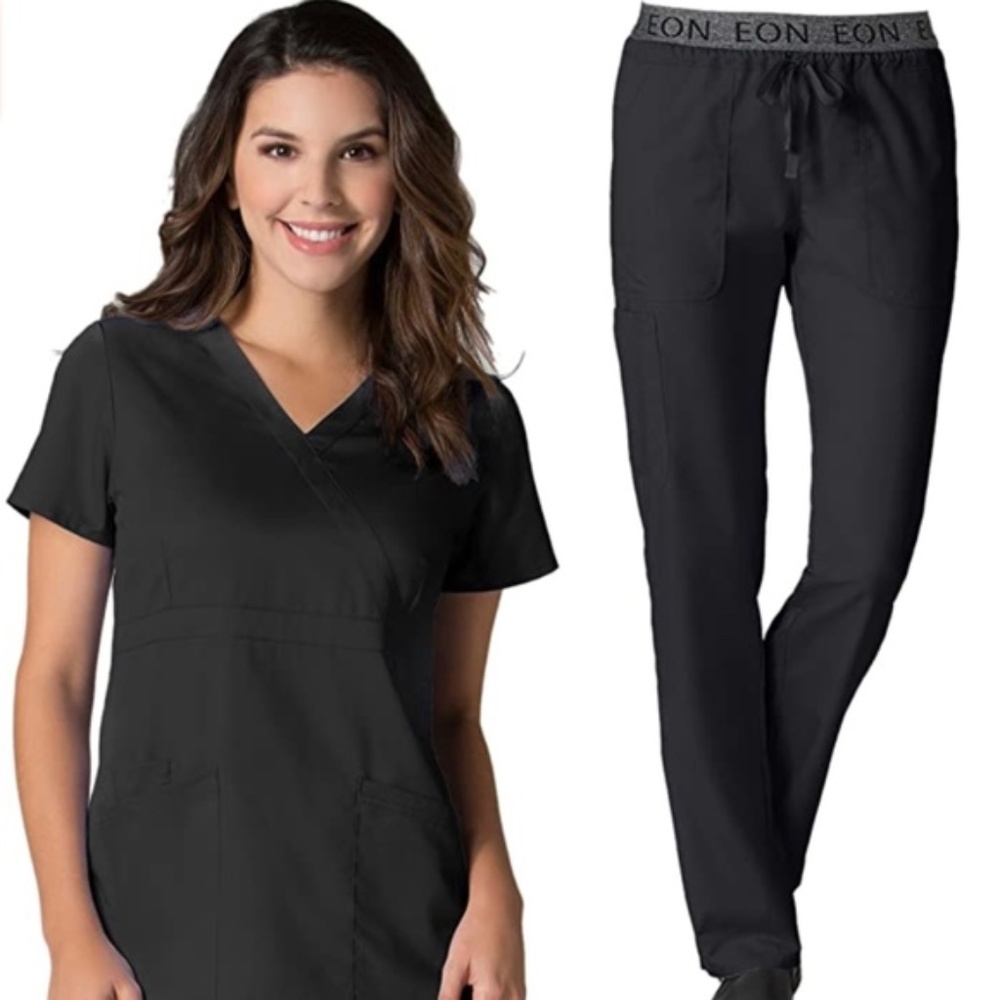 EON by Maevn Black Mock Wrap Top & 7 Pocket Waistband Cargo Pant Scrub Set. XS